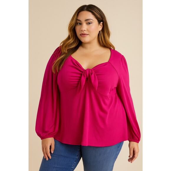 Ava & Viv Tops - Ava & Viv Pink Long Bishop Sleeve Tie Front Top Sexy Classy Date Plus Size 4X